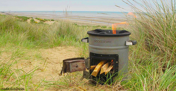 Ecozoom rocket stove on beach 